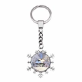 Silver snowflake keychain with round winter snowy cabin illustration and metal finish - Jy008220-6