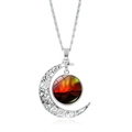Vintage silver hollow moon necklace with red aurora forest gemstone pendant charm - Red Black Aurora Sunset (JY008214-6)