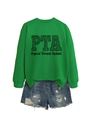 Détail de l'imprimé léopard PTA sur le sweat-shirt vert et le short en jean pour thérapeutes - S / Sweat-shirt Vert Herbe (Graphique Noir)
