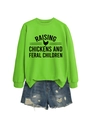 Détail d'un sweat vert vif avec slogan noir et silhouette de poulet imprimée - S / Vert Néon (Police Noire)