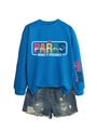 Detail of royal blue sweatshirt with colorful Paras print and ripped denim shorts - Lake Blue (White Graphic)