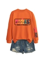 Flat lay of an orange sweatshirt with blue denim shorts featuring sleeve text print - Orange (Black Graphic)