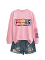 Detail of pink long sleeve sweatshirt with colorful print and distressed denim shorts set - Pink (Black Graphic)