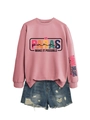 Detail of pink PARAS sweatshirt with slogan sleeve print and frayed denim shorts - Rose Gold (Black Graphic)
