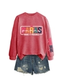 Detail of red long sleeve sweatshirt with colorful PARAS print and ripped denim shorts set - Red (White Graphic)