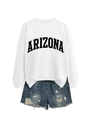 Detail of Arizona print sweatshirt paired with distressed denim shorts for casual style - S / White (Black Font)