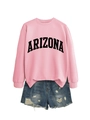 Flat lay of pink Arizona sweatshirt paired with distressed blue denim shorts on white background - S / Pink (Black Text)