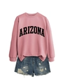 Flat lay of pink Arizona sweatshirt paired with distressed denim shorts on white background - S / Rose Gold (Black Font)