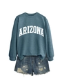 Flat lay of blue-grey Arizona sweatshirt with distressed denim shorts on white background - S / Blue (White Font)