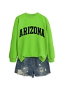Flat lay of green Arizona sweatshirt paired with distressed denim shorts for casual style - S / Neon Green (Black Font)