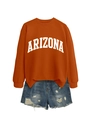 Flat lay of an oversized orange Arizona sweatshirt paired with ripped denim shorts - S / Burnt Orange (White Font)