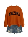 Flat lay of an Arizona letter print orange sweatshirt and ripped denim shorts outfit - S / Burnt Orange (Black Font)