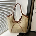 Sac cabas d'été en paille avec nœud marron et anses en cuir pour style plage décontracté - Marron