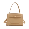 Minimalist apricot crossgrain leather handbag with golden metal twist lock and strap - Khaki