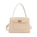 Minimalist beige Saffiano leather handbag with gold twist lock and crossbody strap - White