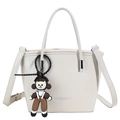 Minimalist beige bucket bag with round handles and a cute cartoon charm pendant - Cream White with Pendant