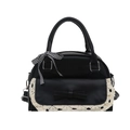 Elegant black shell handbag with white lace trim and checkered bow accent in leather - Black