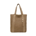 Hollow straw woven tote bag in light brown with decorative beaded tassel and twin handles - Khaki With Pendant