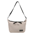 Minimalist beige nylon crescent tote bag with adjustable black shoulder strap and zipper - White