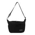 Minimalist black square crossbody bag with adjustable strap and fashion label detail - Black