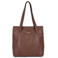 Large dark brown woven tote bag with a golden logo and stylish rectangular silhouette - Dark Brown