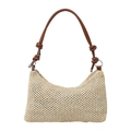 Handmade woven straw hobo bag in beige with brown leather knotted shoulder strap - Brown