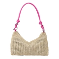 Fashionable straw woven tote bag with vibrant pink knotted handles and silver ring hardware - Rose Red