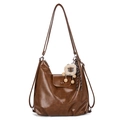 Brown large capacity PU tote bag with a cute plush sheep pendant and long shoulder strap - Brown