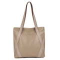 Minimalist beige woven tote bag with adjustable shoulder straps and gold metal logo - Khaki