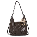 Dark brown large capacity tote bag with soft texture and a cute sheep plush charm - Brown