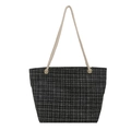 Large black and white houndstooth canvas tote bag with woven rope handles and gold eyelets - Black