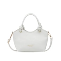 White pebbled leather bucket bag with knot handle and gold hardware on white background - White