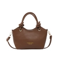 Brown litchi leather bucket bag with top handles and detachable shoulder strap - Brown