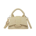 Schicke beige geflochtene Sanduhr-Handtasche mit Griff und Umhängeriemen - Khaki