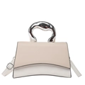 Chic beige and white trapezoid handbag with a unique silver twisted metal handle - Khaki