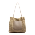 Sommer Stroh-Schultertasche mit khakifarbener Ledertasche und Seilgriffen - Khaki