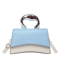 Sky blue and beige patchwork crossbody bag with curved base and silver liquid metal handle - Blue