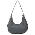 Dark grey moon-shaped hobo shoulder bag with woven texture and gold metal buckles - Black