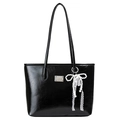 Bolso tote negro brillante a la moda con lazo de encaje y colgante de perlas fino - Negro Con Colgante