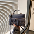 Dark blue leather and tweed patchwork box handbag with long tassel dual zippers - Blue