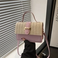 Roze en beige strooien crossbodytas met gouden H-gesp en kettingriem - Roze