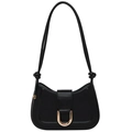 Minimalist black PU leather hobo bag with gold D-buckle and knotted shoulder strap - Black