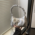 Silver crescent handbag with pearl bow and metal chain strap for modern women - Silver