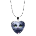 Heart pendant necklace with green-eyed cat illustration on a silver bead chain - Starry Sky Green Eyed Cat (JY008172-2)