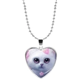 Sweet heart pendant necklace with white cat and purple eyes on silver bead chain - Cute Pink Eyed White Cat (JY008172-3)