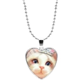 Collier pendentif coeur avec illustration de chat blanc portant une couronne en argent - Chat Blanc avec Couronne Illustration (JY008172-8)