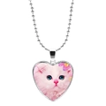 Collier avec pendentif en forme de cœur, motif chaton rose et chaîne à billes argentée - Chat à Poils Longs sur Fond Rose (JY008172-10)