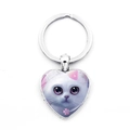 Schattige hartvormige sleutelhanger met witte kat illustratie en zilveren legering - Roze-Paarse Oog Witte Kat Illustratie Stijl (JY008170-3)