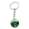 Silver Northern Lights keychain with round aurora scenery pendant and convex glass - Aurora Sea Lighthouse (JY008215-5)