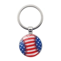 Metal keychain featuring a baseball and American flag art glass cabochon pendant - Flag Stitches Artistic Style (JY008280-4)